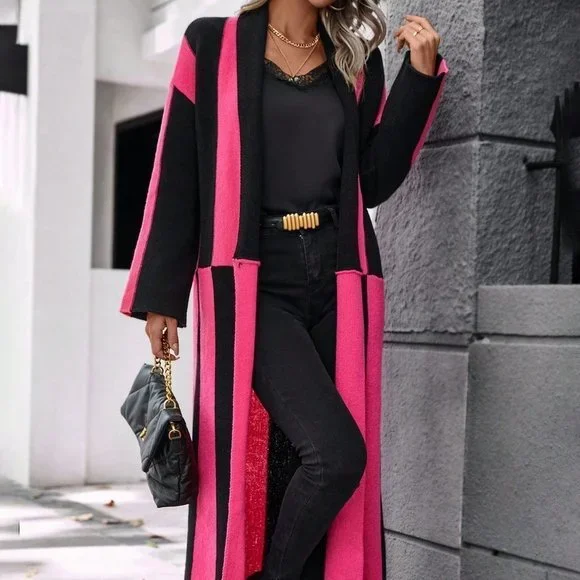 Pink & Black Preppy Womens Two Tone Open Front Longline Cardigan - Picture 6 of 6